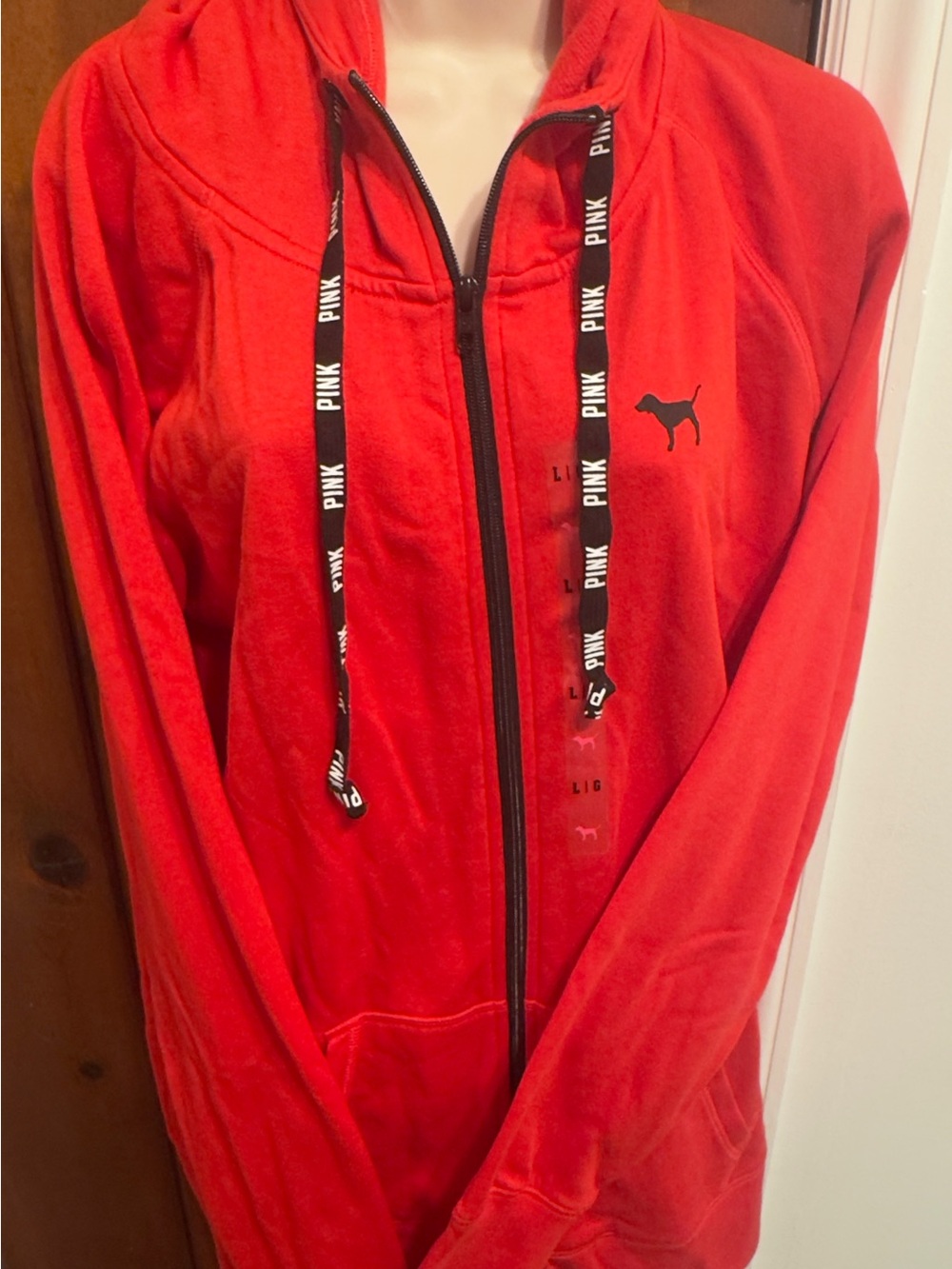 PINK Victoria's Secret Red Velour Zip Hoodie with Logo Drawstrings